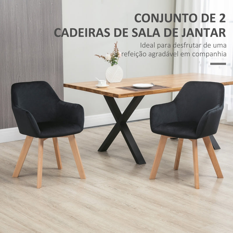 HOMCOM Conjunto de 2 Cadeiras de Sala de Jantar Estofadas em Veludo com Encosto Médio e Pés de Madeira de Borracha 54x57x80cm Preto