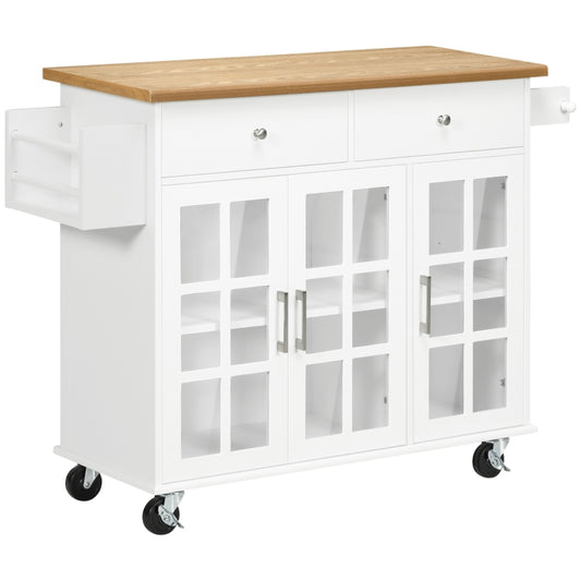 HOMCOM Ilha de Cozinha com Rodas 2 Gavetas 3 Portas de Vidro Suporte para Panos e Temperos 124,5x39,5x90 cm Branco e Madeira