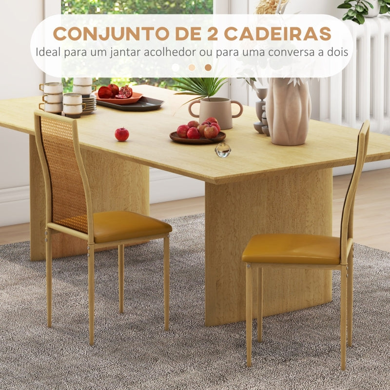 HOMCOM Conjunto de 2 Cadeiras de Sala de Jantar com Encosto em Vime PE Assento Estofado em Couro PU 40x50x97 cm Ocre