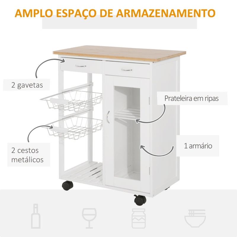 HOMCOM Carrinho de Cozinha de madeira com porta de vidro 70x37x85 cm