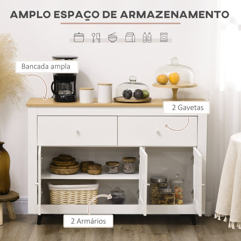 HOMCOM Aparador Móvel Auxiliar de Cozinha com 2 Gavetas 3 Portas e Prateleira Ajustável Móvel de TV de até 50 Polegadas 117x35x80 cm Branco e Madeira