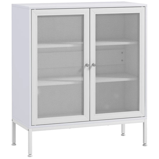 HOMCOM Aparador de 3 Níveis com Portas de Malha e Prateleira Ajustável Aparador de Cozinha Moderno para Sala 80x37x92 cm Branco