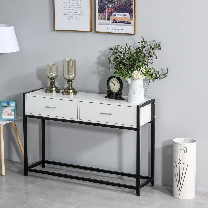 HOMCOM Consola Mesa de Entrada 120x34x81cm com 2 Gavetas e Pés Ajustáveis Móvel de Entrada de Estilo Moderno para Corredor Entrada Branco e Preto