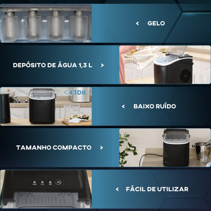 HOMCOM Máquina de Fazer Gelo Silenciosa 12 kg em 24 Horas 9 Cubos em 6-12 Minutos Depósito de Água 1,3 L 22,2x29,4x29 cm Preto