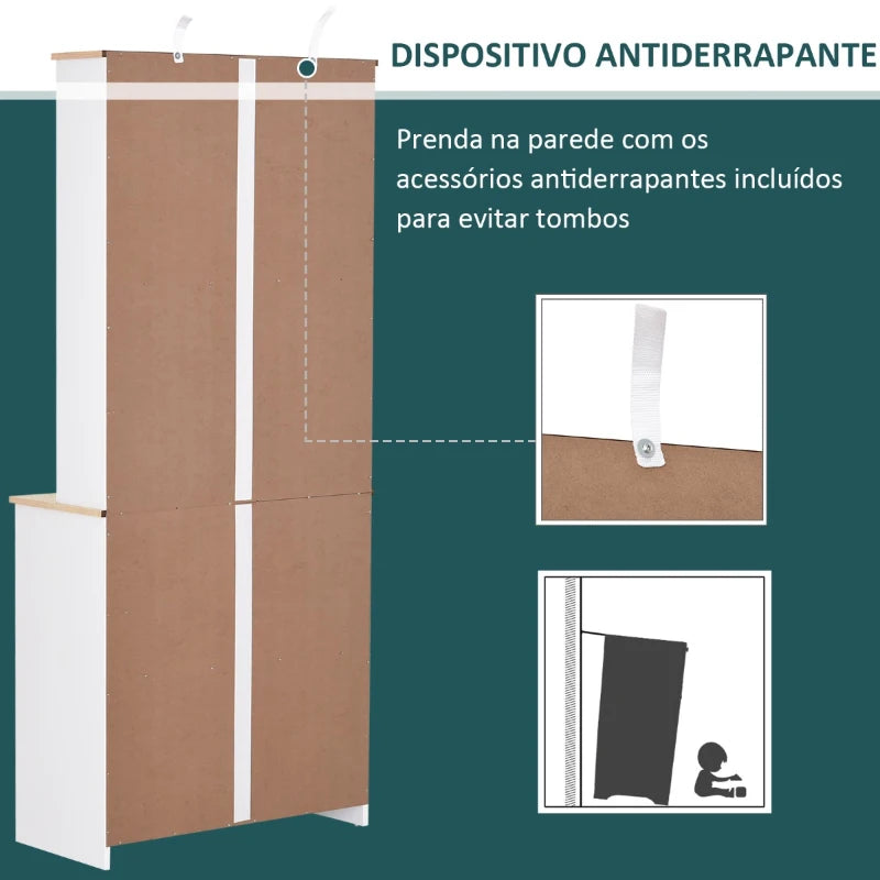 HOMCOM Armário de Cozinha com Prateleiras e Portas de Vidro para Pequenos Eletrodomésticos e Louças 80x37x183cm Branco