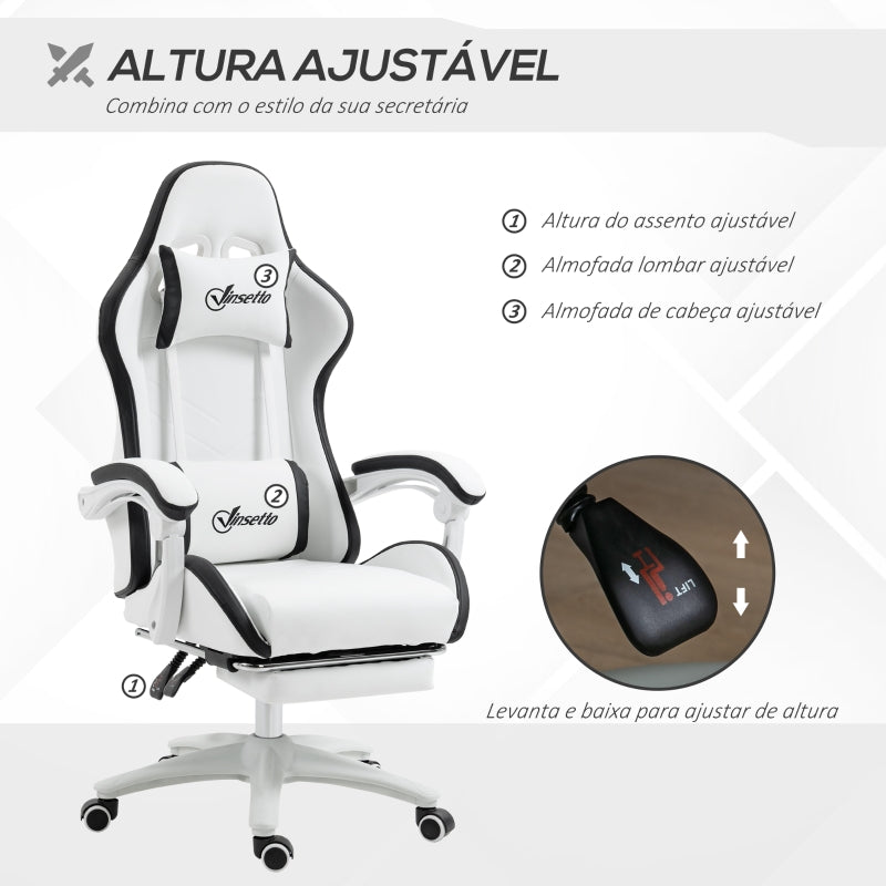 Vinsetto Cadeira Gaming de Couro PU com Altura Ajustável Reclinável 135° e Apoio para os Pés Retrátil 65x65x121-129 cm Branco e Preto