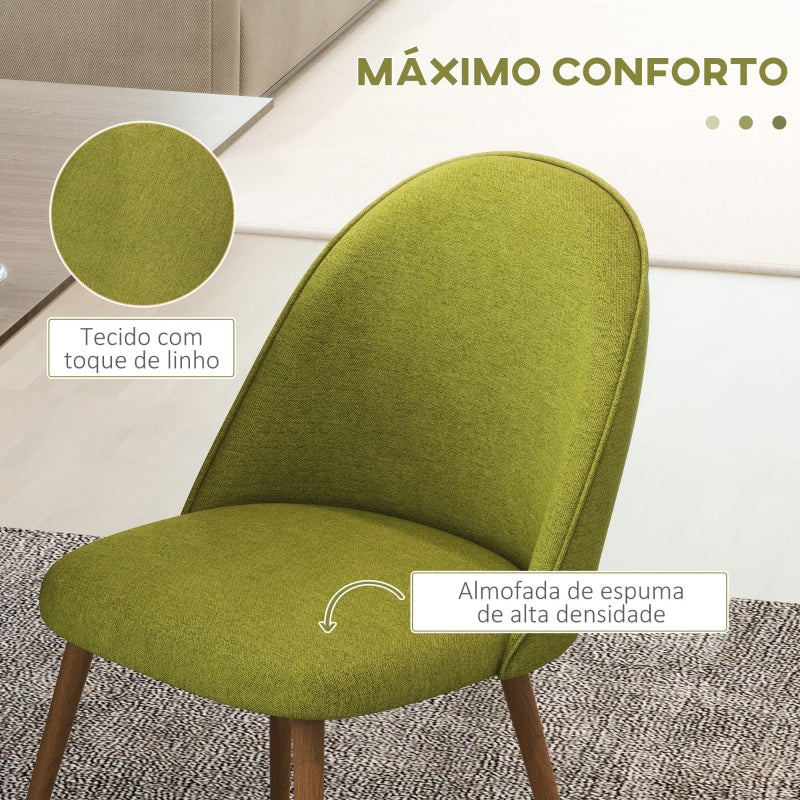 HOMCOM Conjunto de 2 Cadeiras Sala de Jantar Estofadas em Tecido de Linho com Pés de Aço 50x52x83 cm Verde e Madeira