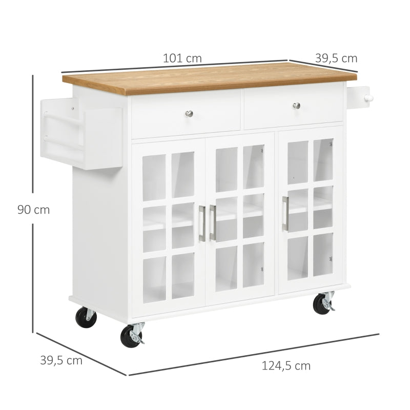 HOMCOM Ilha de Cozinha com Rodas 2 Gavetas 3 Portas de Vidro Suporte para Panos e Temperos 124,5x39,5x90 cm Branco e Madeira