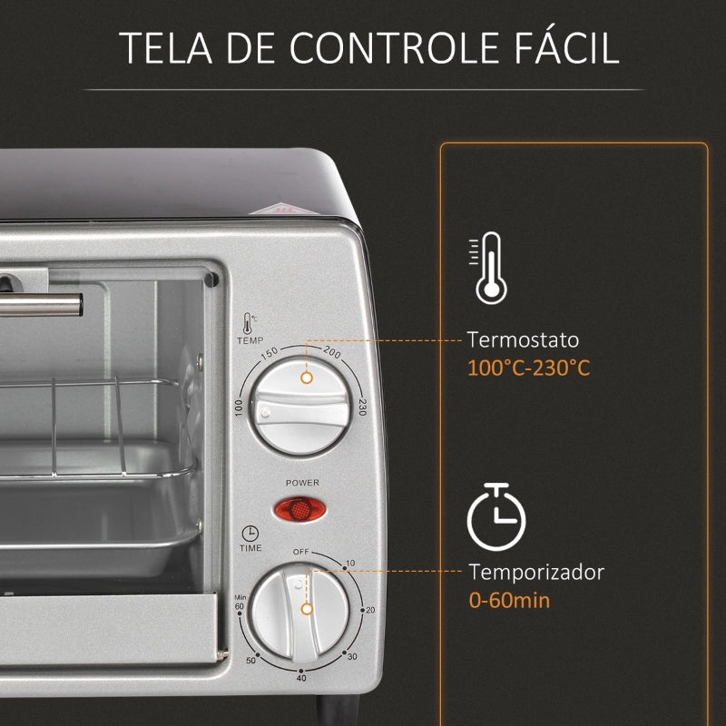 HOMCOM Mini Forno Elétrico de 10 Litros 750W com Temperatura até 230 °C Temporizador 60 Minutos Bandeja e Grade 36,5x26x22cm Preto e Prata