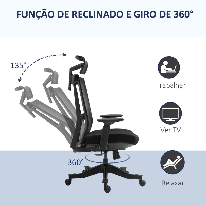 Vinsetto Cadeira de Escritório Ergonômica Giratória e Reclinável com Altura Ajustável Apoio para os Braços Apoio para a Cabeça e Suporte Lombar Regulável 66,5x66x109-118cm Preto