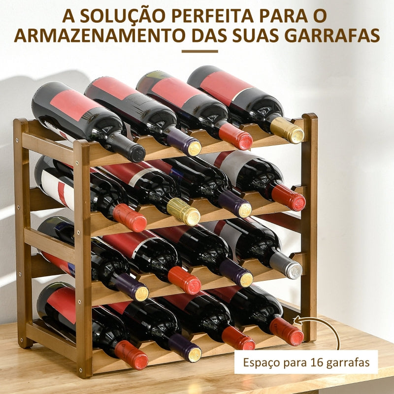 HOMCOM Suporte para 16 Garrafas de Bambu Prateleira para Garrafas de Vinho de 4 Níveis 43x23,5x38cm Marrom