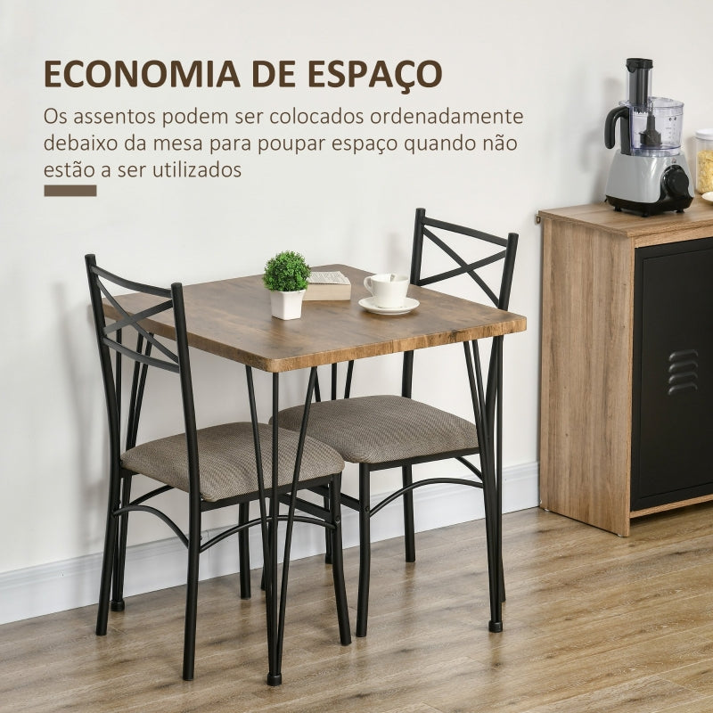 HOMCOM Conjunto de Sala de Jantar 3 Peças Conjunto 1 Mesa 74x74x76cm e 2 Cadeiras 42x50x91,5cm com Pés de Aço Estilo Moderno para Cozinha Marrom e Preto