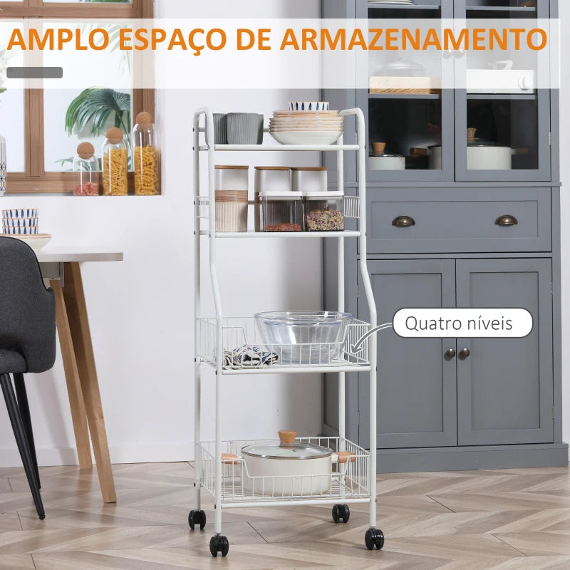 HOMCOM Carrinho de Cozinha com Rodas de Aço Carrinho Auxiliar com 4 Níveis Carrinho de Armazenamento 42x34x114,5cm Branco