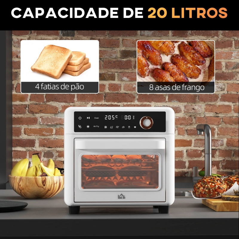 HOMCOM Mini Forno Elétrico Multifuncional de 13L 1200W com 12 Modos Temporizador e Temperatura Ajustável 33,5x32x32,5 cm Branco