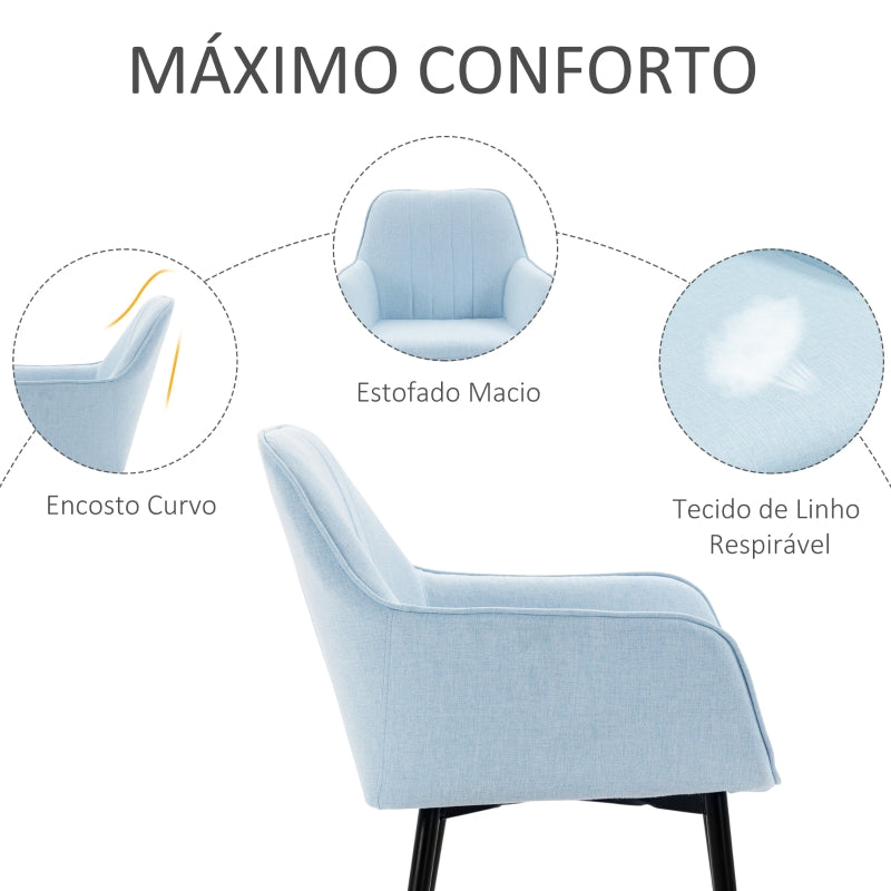 HOMCOM Conjunto de 2 cadeiras de jantar decorativas estofadas em linho com encosto ergonômico, braços e pernas de metal 59,5x56,5x81 cm Azul