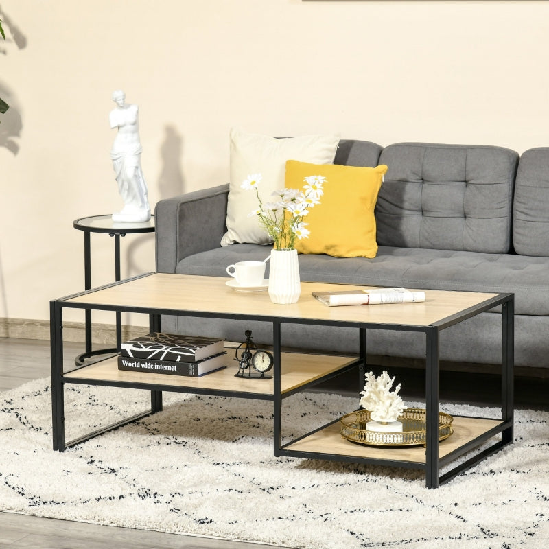 HOMCOM Mesa de Centro para Sala de Estar com 2 Prateleiras de Armazenamento Mesa Auxiliar com Estrutura de Aço para Dormitório Escritório 120x60x46cm Carvalho