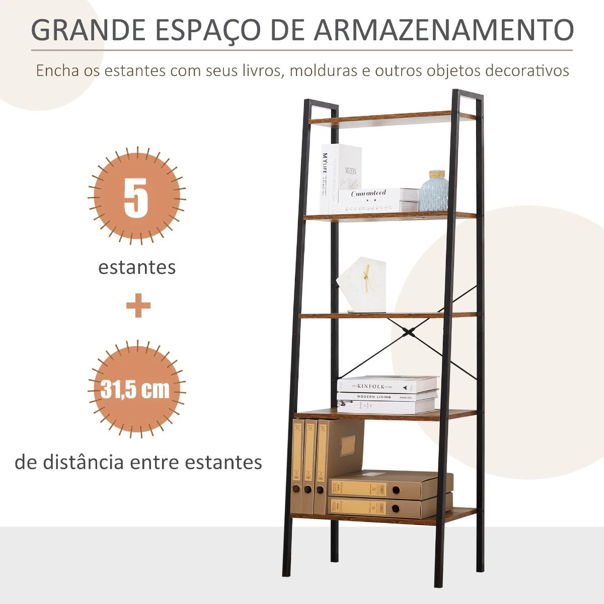 HOMCOM Estante de Estilo Industrial em Forma de Escada com 5 Prateleiras com Estrutura de Metal para Sala de Estar Dormitório Cozinha Escritório 56x34x160cm Marrom Rústico