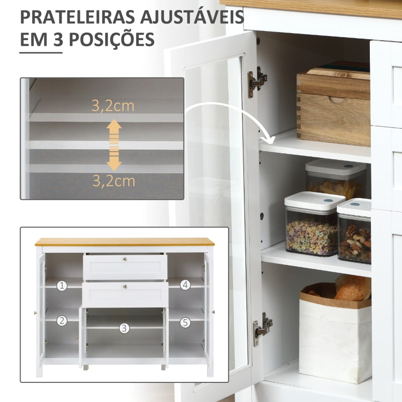 HOMCOM Aparador de Cozinha com Armário 2 Gavetas 2 Portas de Vidro e Prateleiras Ajustáveis Móvel Auxiliar de Armazenamento para Sala de Jantar Sala de Estar 120x40x90cm Branco