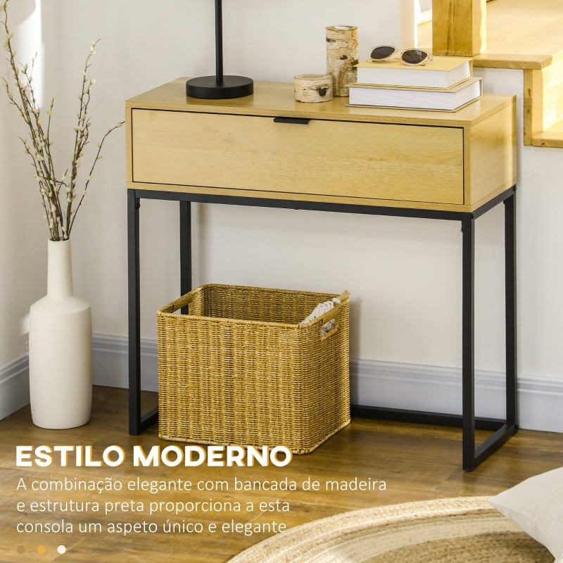 HOMCOM Mesa Consola com Gaveta Consola Moderna Mesa de Entrada com Pés de Aço 80x30x76 cm Madeira e Preto