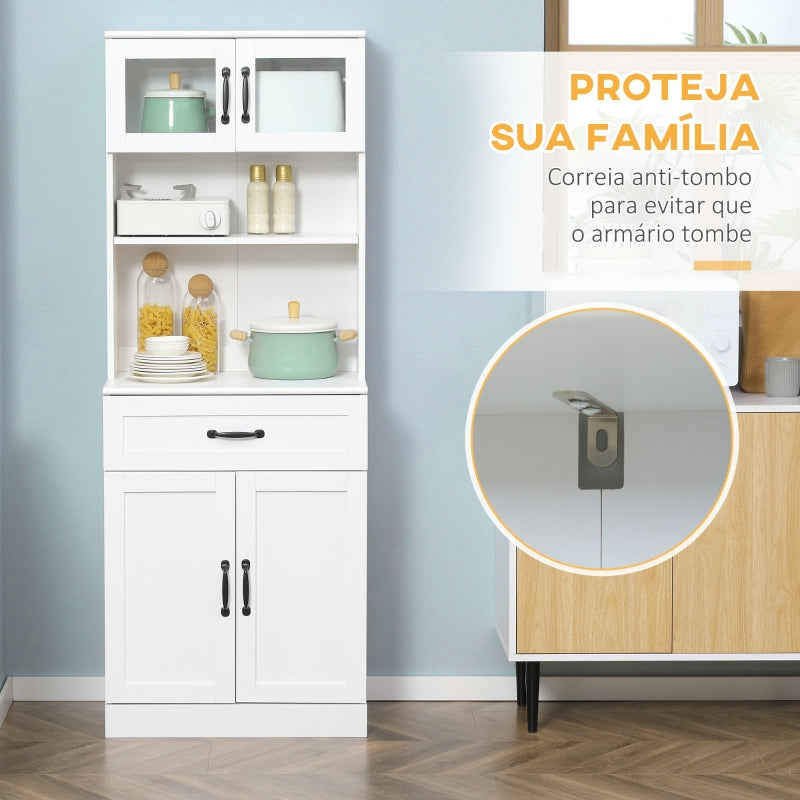 HOMCOM Armário de Cozinha com 4 Portas Gaveta e Prateleiras Ajustáveis para Sala de Jantar Estilo Moderno 60x38x161 cm Branco