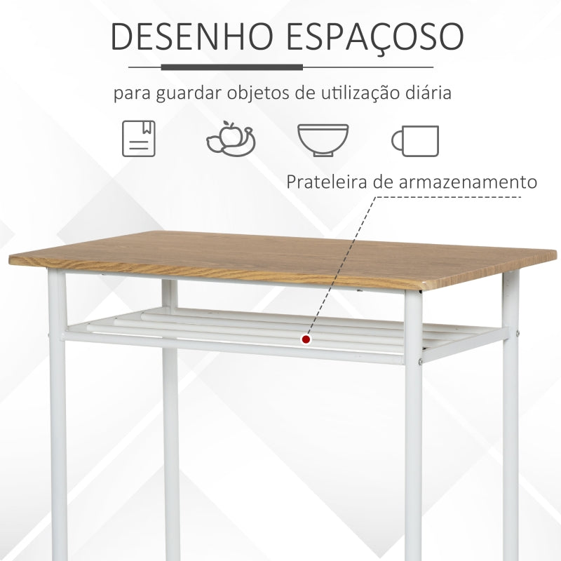 HOMCOM Conjunto de Móvel Bar com Mesa Alta e 2 Bancos com Prateleira de Armazenamento e Estrutura de Metal 80x50x90cm Branco e Madeira