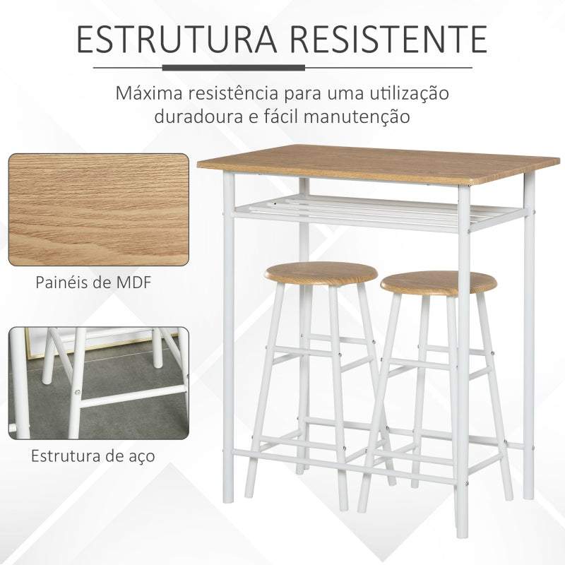 HOMCOM Conjunto de Móvel Bar com Mesa Alta e 2 Bancos com Prateleira de Armazenamento e Estrutura de Metal 80x50x90cm Branco e Madeira