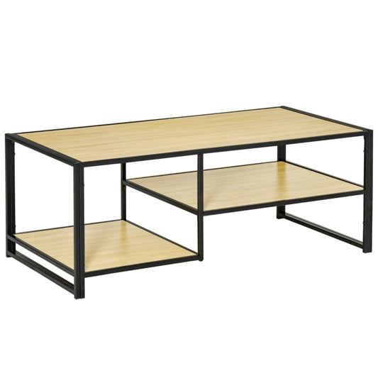 HOMCOM Mesa de Centro para Sala de Estar com 2 Prateleiras de Armazenamento Mesa Auxiliar com Estrutura de Aço para Dormitório Escritório 120x60x46cm Carvalho