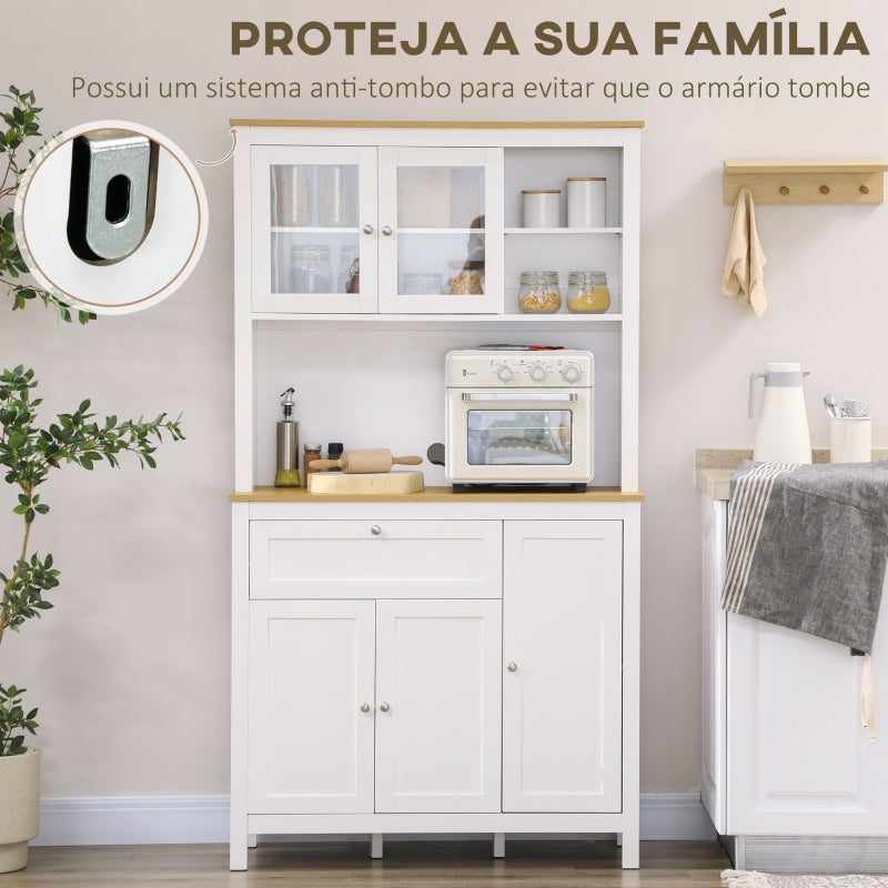 HOMCOM Armário de Cozinha com 5 Portas Prateleiras Ajustáveis Gaveta e Bancada para Micro-Ondas 100x40x180 cm Branco e Madeira