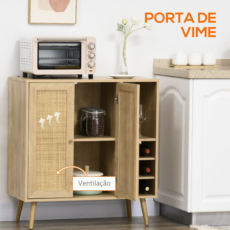 HOMCOM Aparador de Cozinha Móvel Buffet com 2 Portas de Vime Prateleira Aberta e Suporte para 6 Garrafas 83x39x88,5cm Madeira