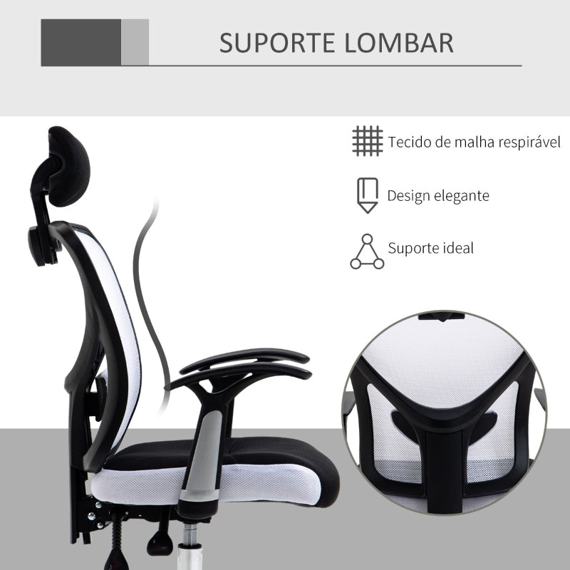 Vinsetto Cadeira de Escritório Ergonômica Cadeira de Escritório Giratória com Altura Ajustável Função Reclinável Apoio para a Cabeça e Suporte Lombar 65x67x108-118cm Branco