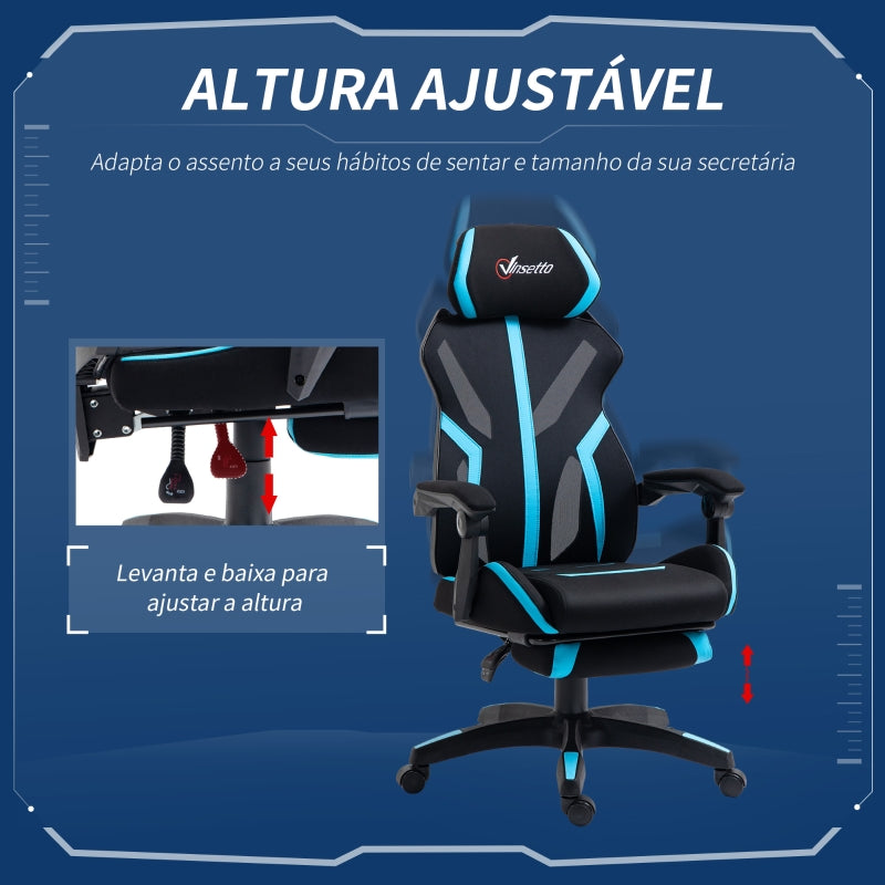 Vinsetto Cadeira de Gaming com Apoio para os Pés Retrátil Cadeira de Escritório Reclinável com Apoio para a Cabeça e Altura Ajustável 65x65x119-129cm Preto e Azul