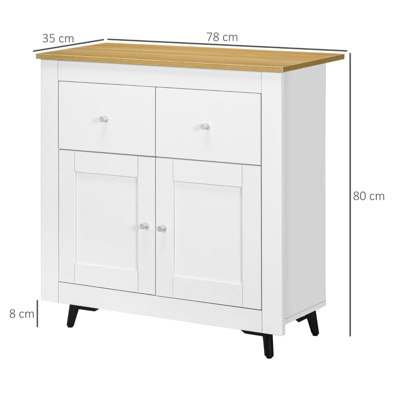 HOMCOM Aparador de Cozinha Móvel Auxiliar de Sala de Estar Moderno com Portas Dupla e 2 Gavetas 78x35x80 cm Branco e Madeira