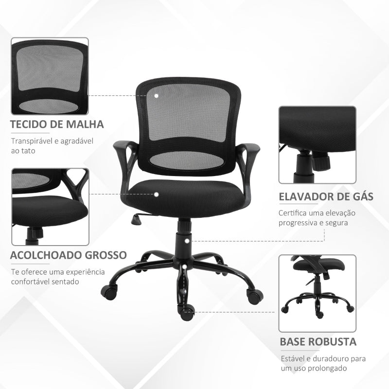 Vinsetto Cadeira de Oficina Ergonômica Basculante com Altura Ajustável Assento Giratório 360° Suporte e Lombar Malha Transpirável 61x61x89-99cm Preto