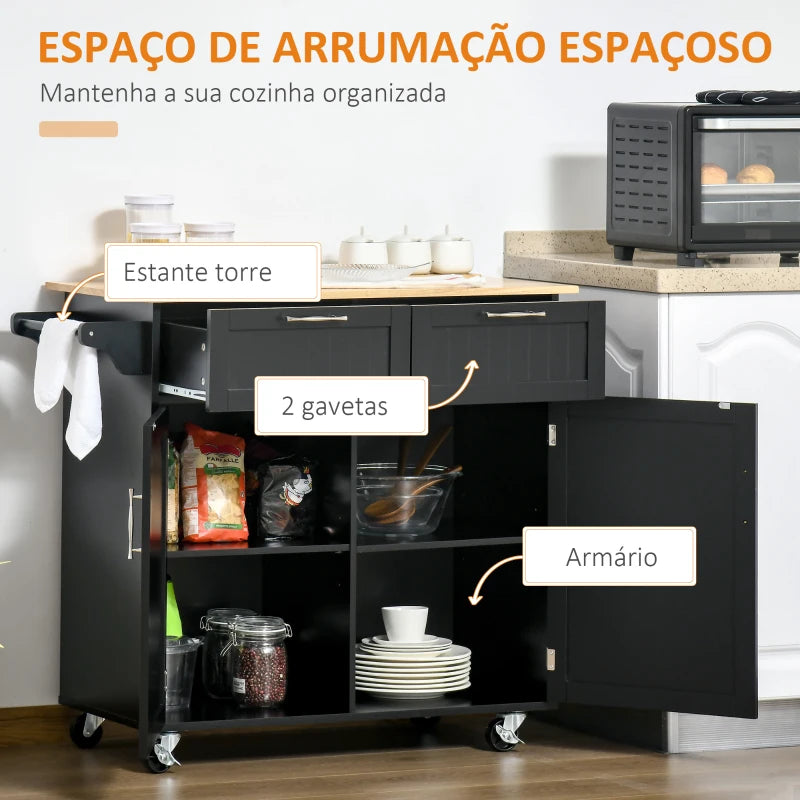 HOMCOM Carrinho de Cozinha com Rodas Móvel Auxiliar de Cozinha com 2 Gavetas 2 Portas Prateleira Ajustável 104x46x91 cm Preto