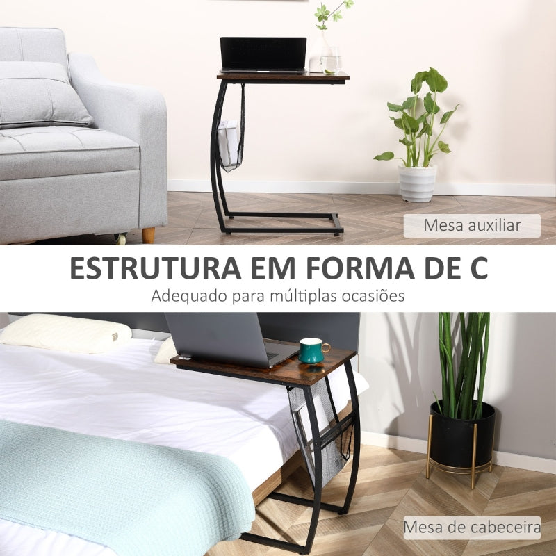 HOMCOM Mesa Auxiliar para Sofá e Cama em Forma de C com Bolso de Armazenamento Mesa Lateral de Estilo Industrial 52x35x64,5cm Marrom Rústico