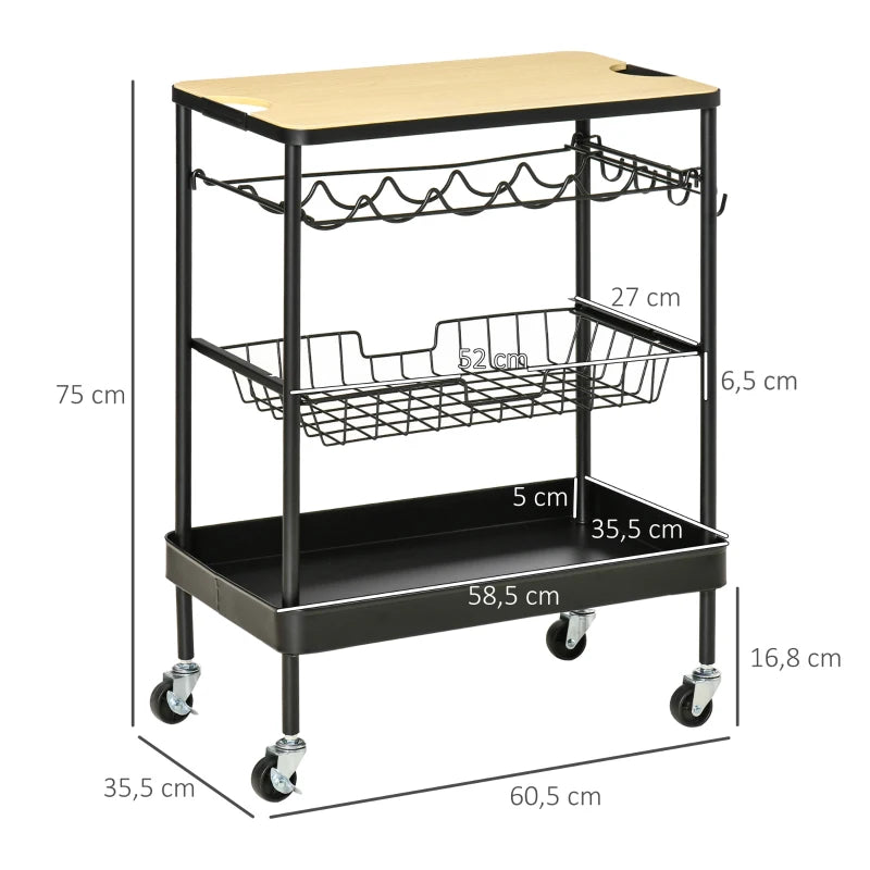 HOMCOM Carrinho de Cozinha com Rodas Carrinho de Cozinha Multiuso com Suporte para Garrafas Cesta Removível e 4 Ganchos para Sala de Jantar Sala de Estar 60,5x35,5x75cm Preto e Carvalho