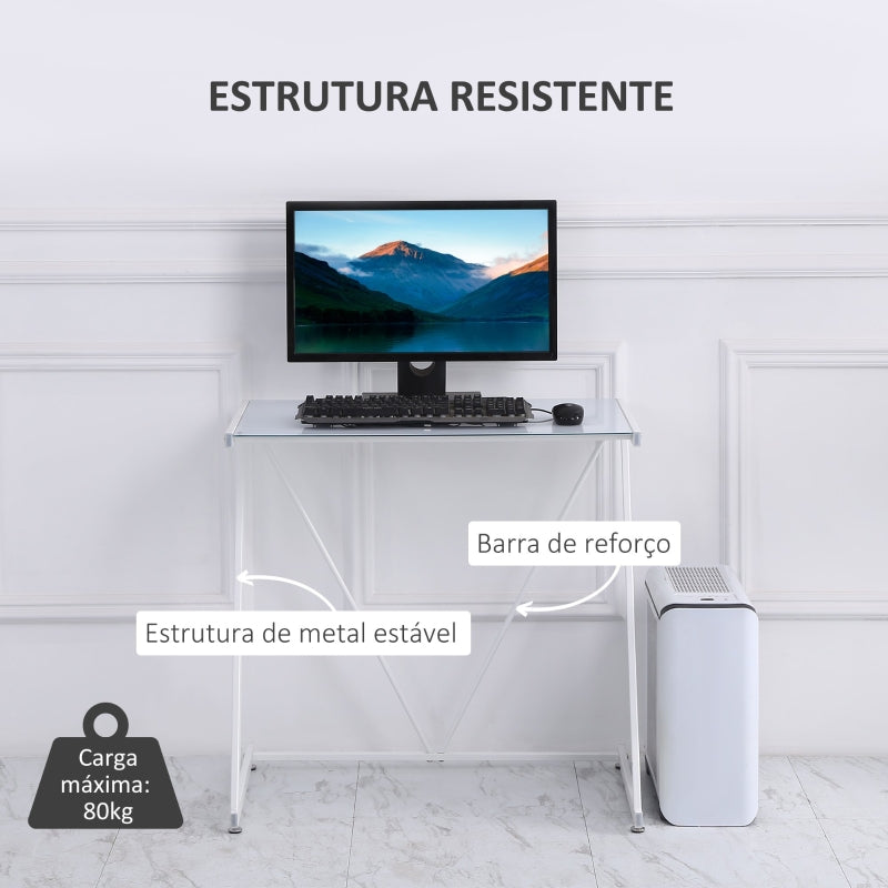 HOMCOM Secretária com Bancada de Vidro Temperado e Pés Ajustáveis Estilo Moderno para Escritório Estúdio Dormitório Carga Máxima 80kg 80x50x75cm Branco