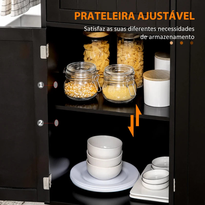 HOMCOM Ilha de Cozinha com Rodas Carrinho de Cozinha com Gaveta 3 Portas e Prateleira Ajustável 135x45x94,5cm Preto e Madeira