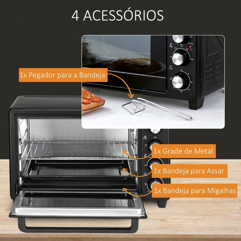 HOMCOM Mini Forno Elétrico de 32L 1600W com 3 Modos de Aquecimento Temperatura até 230 °C Temporizador 52,2x38,1x33,5cm Preto