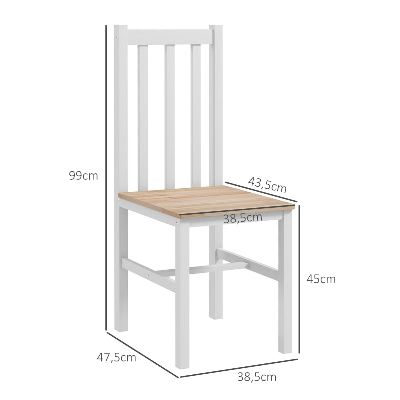 HOMCOM Conjunto de 2 Cadeiras de Sala de Jantar com Encosto de Ripas Estrutura de Madeira de Pinho 38,5x47,5x99 cm Branco