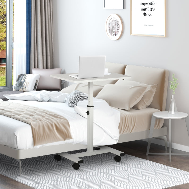 HOMCOM Mesa Auxiliar com Rodas Mesa Lateral para Sofá ou Cama com Altura Ajustável Estrutura de Metal e Freios para Dormitório Sala de Estar 60x40x52,5-84cm Branco