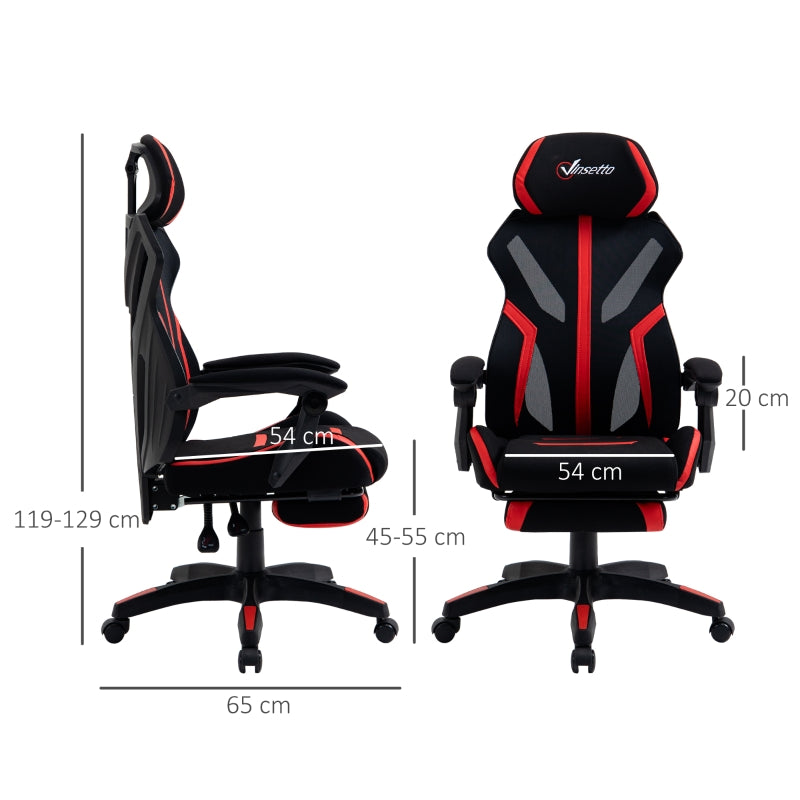 Vinsetto Cadeira de Gaming com Apoio para os Pés Retrátil Cadeira de Escritório Reclinável com Apoio para a Cabeça e Altura Ajustável 65x65x119-129cm Preto e Vermelho