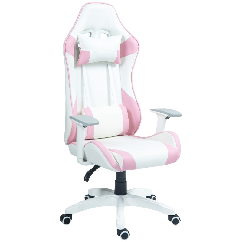 HOMCOM Cadeira Gaming Reclinável com Almofada Lombar Apoio de Cabeça Basculante e Altura Ajustável 67x60x120-128 cm Branco e Rosa