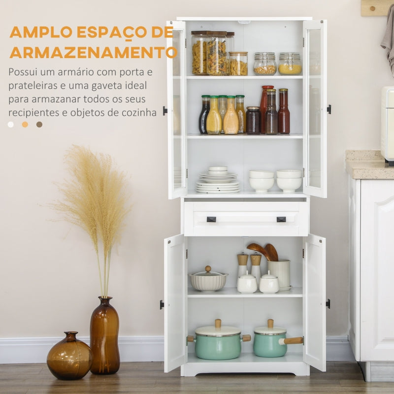 HOMCOM Armário de Cozinha com 4 Portas 1 Gaveta e 2 Prateleiras Ajustáveis para Sala de Jantar 60x30x160 cm Branco