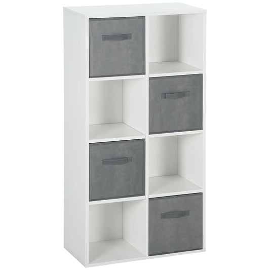 HOMCOM Estante para Livros de 8 Cubos Estante Modular com 4 Cestos Removíveis de TNT para Escritório Estúdio Dormitório 61,5x30x121,6cm Branco e Cinza