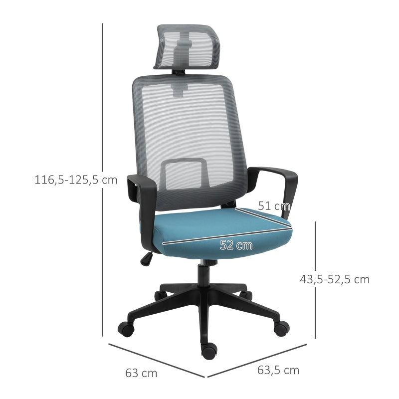 Vinsetto Cadeira de Escritório Ergonômica Giratória com Altura Ajustável Apoio para a Cabeça Apoio para os Braços e Suporte Lombar Reguláveis 63,5x63x116,5-125,5cm Azul e Cinza