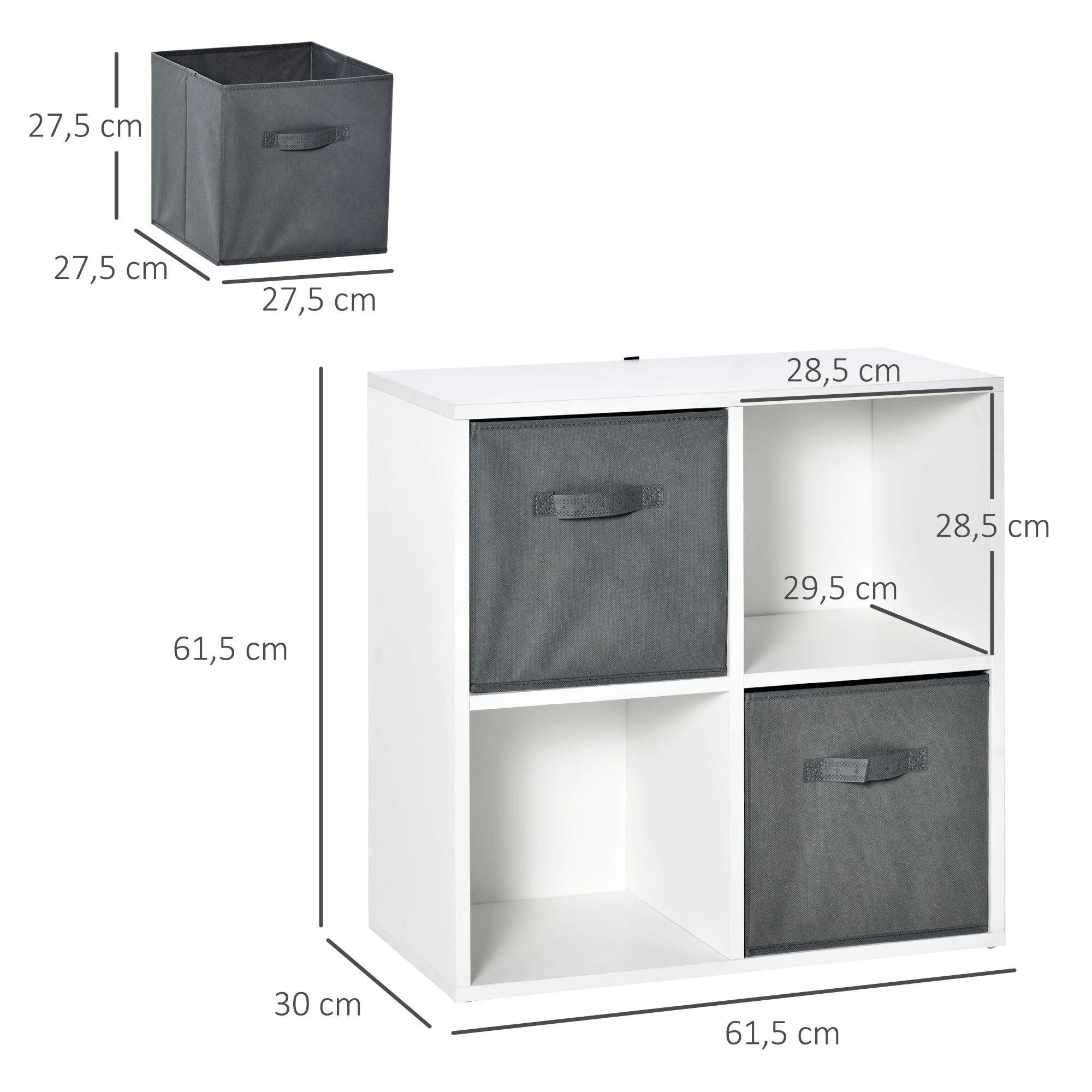 HOMCOM Estante para Livros de 4 Cubos Estante Modular com 2 Cestos Removíveis de TNT para Escritório Estúdio Dormitório 61,5x30x61,5cm Branco e Cinza