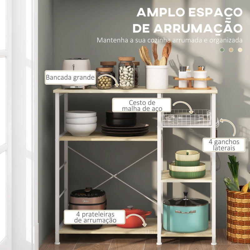 HOMCOM Estante de Cozinha com 1 Cesto 4 Ganchos em S 6 Pés com Almofadas Ajustáveis e Prateleiras 90x40x84,5 cm Carvalho e Branco