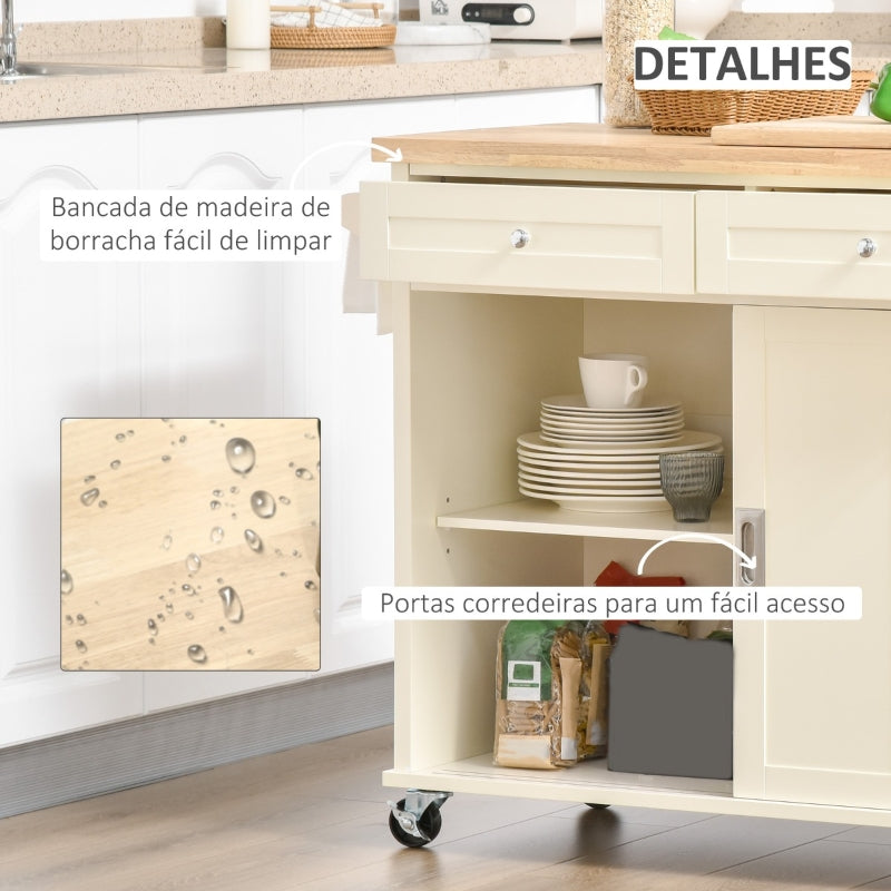 HOMCOM Ilha de Cozinha com 2 Armários Porta Corredeira 2 Gavetas e Barra para Panos Móvel Aparador com Rodas para Sala de Jantar 110x49,5x89,5cm Creme