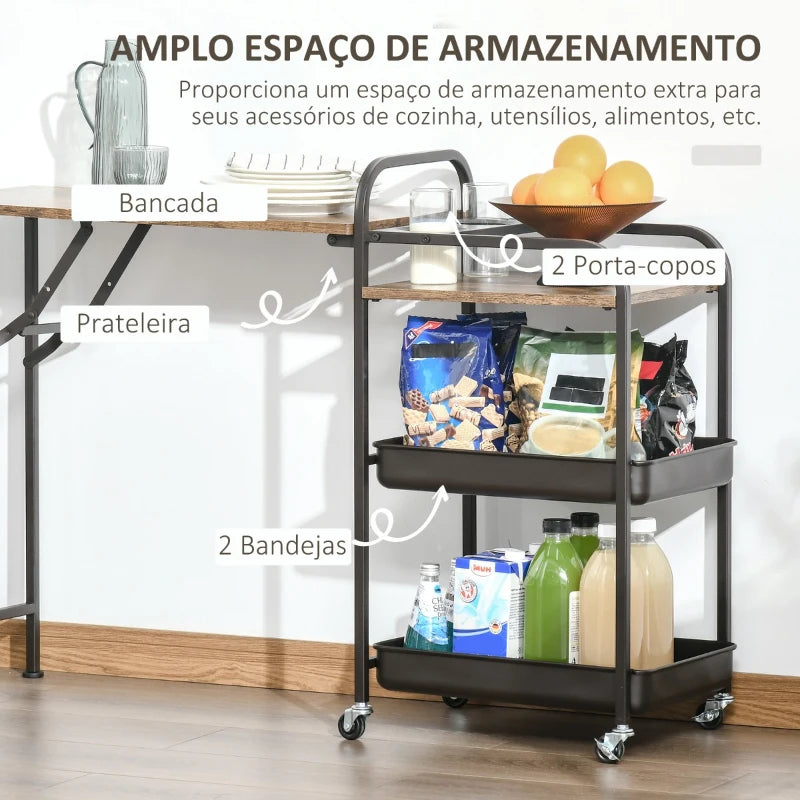 HOMCOM Carrinho de Cozinha com Rodas Carrinho Auxiliar com Prateleiras de 3 Níveis Bancada Dobrável e 2 Porta-Copos para Sala de Jantar 118x36,5x82cm Marrom Rústico